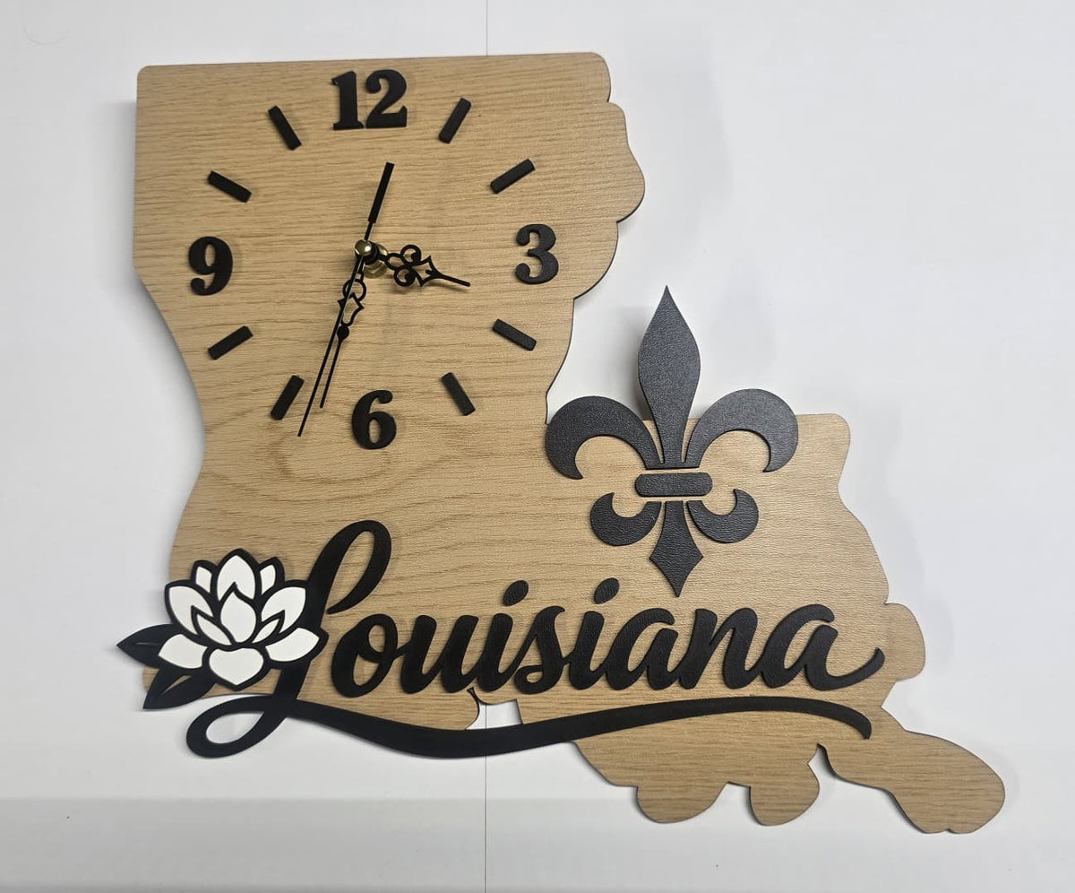 Louisiana Wall Clock – Wooden Louisiana State Shape Decor with a fleur-de-lis and magnolia Flower