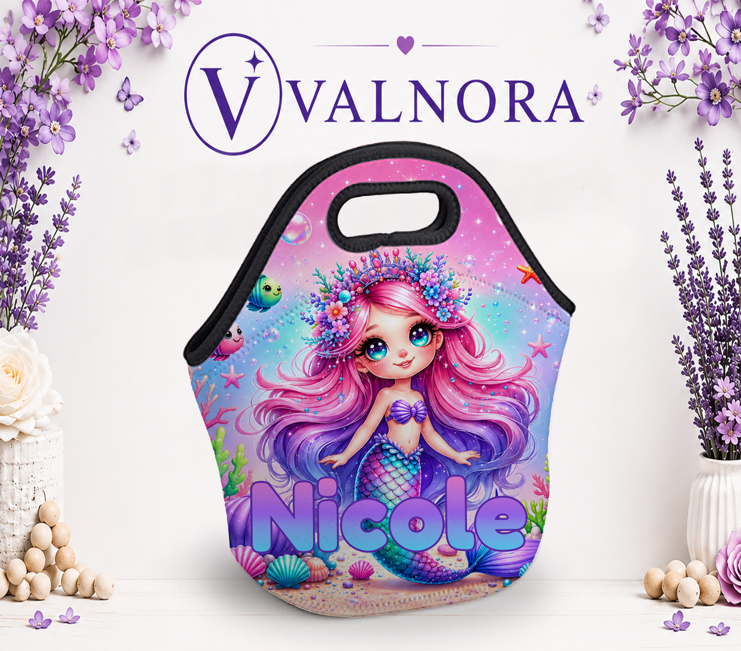 Personalized Mermaid Lunch Bag with Name | Custom Kids Neoprene Lunch Box