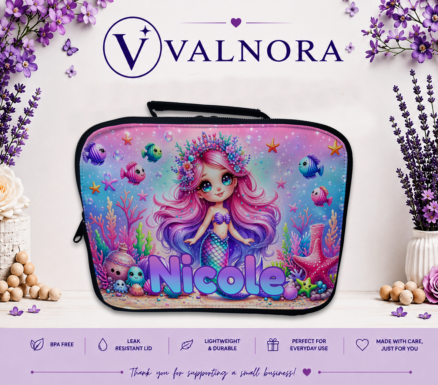 Personalized Mermaid Lunch Bag for Kids | Insulated School Lunch Bag