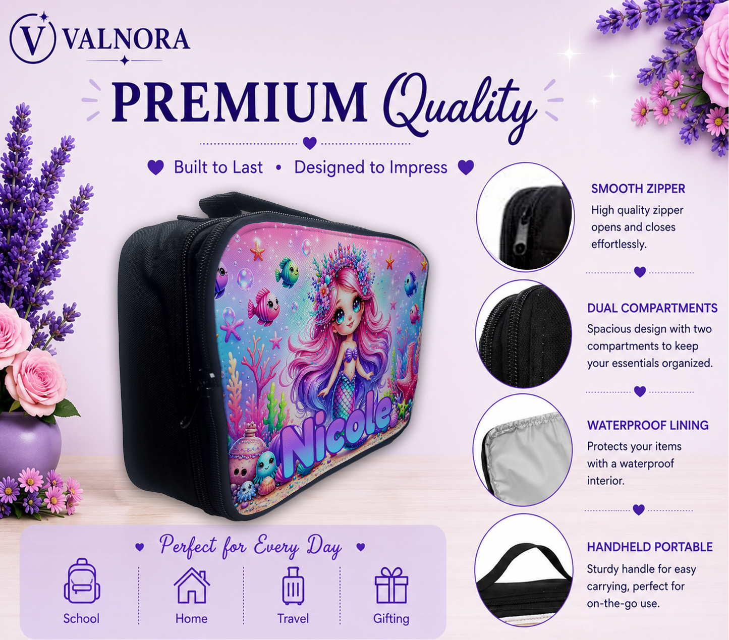 Personalized Mermaid Lunch Bag for Kids | Insulated School Lunch Bag