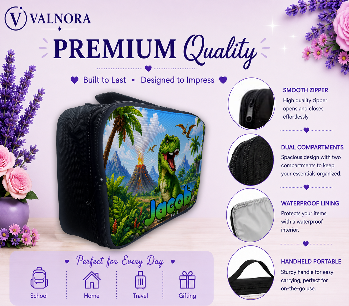 Personalized Dinosaur Lunch Bag for Kids | Insulated School Lunch Bag