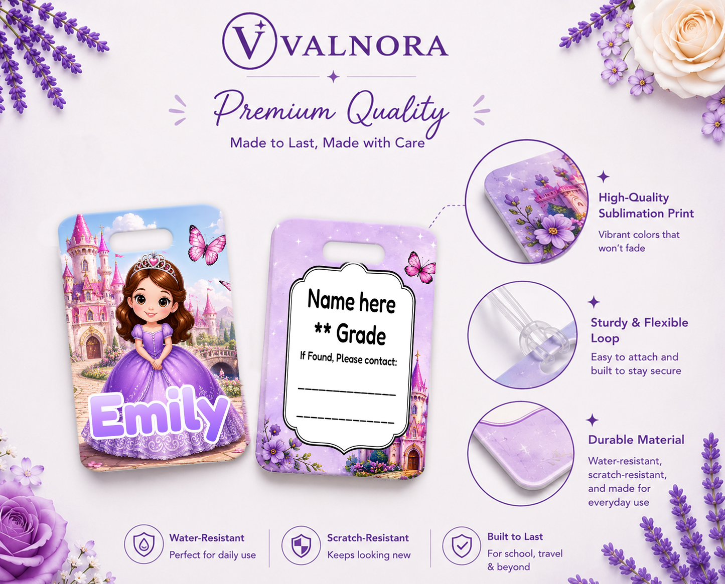 Personalized Princess Backpack Tag | Custom School Bag Name Tag