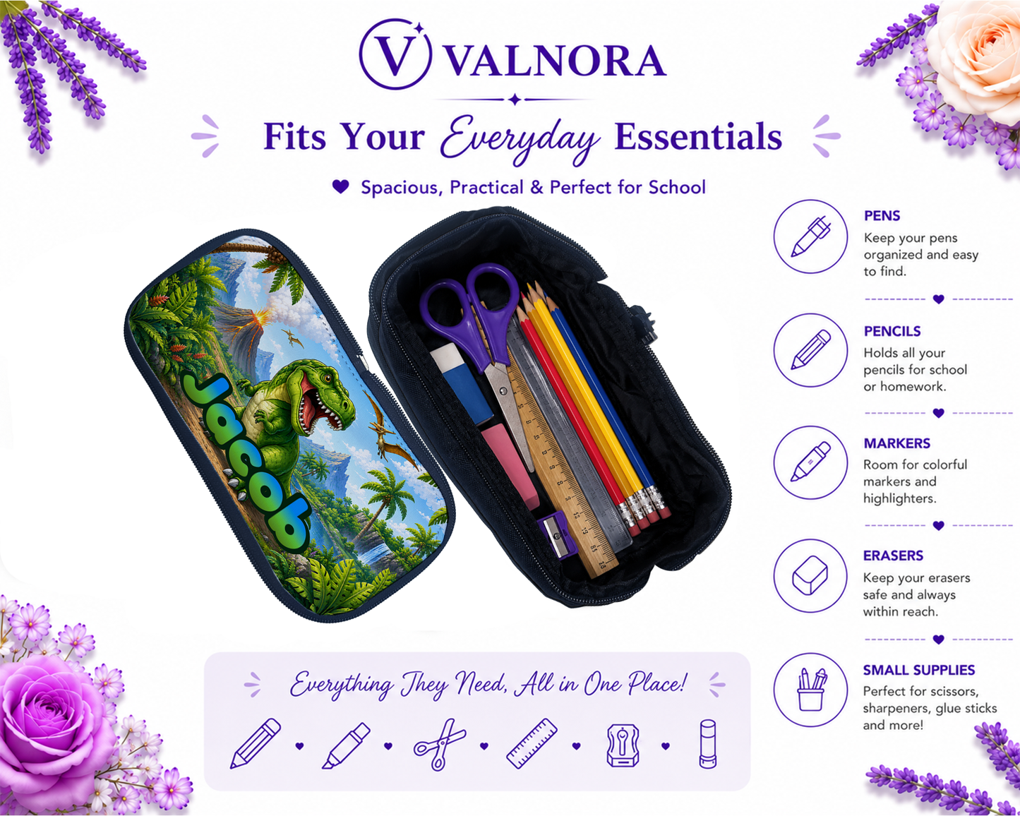 Personalized Dinosaur Pencil Case | Custom School Pencil Pouch