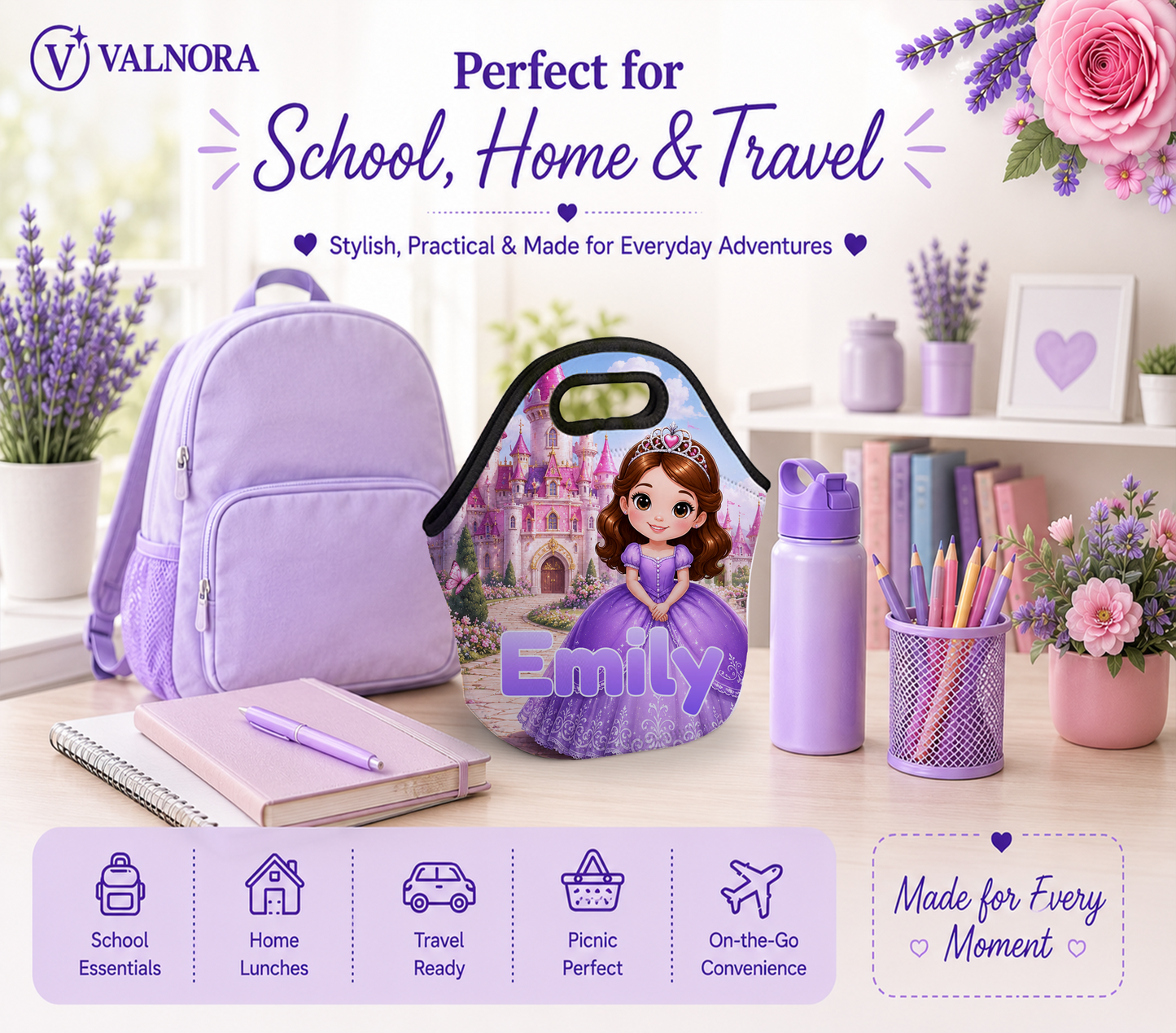 Personalized Princess Lunch Bag with Name | Custom Kids Neoprene Lunch Box