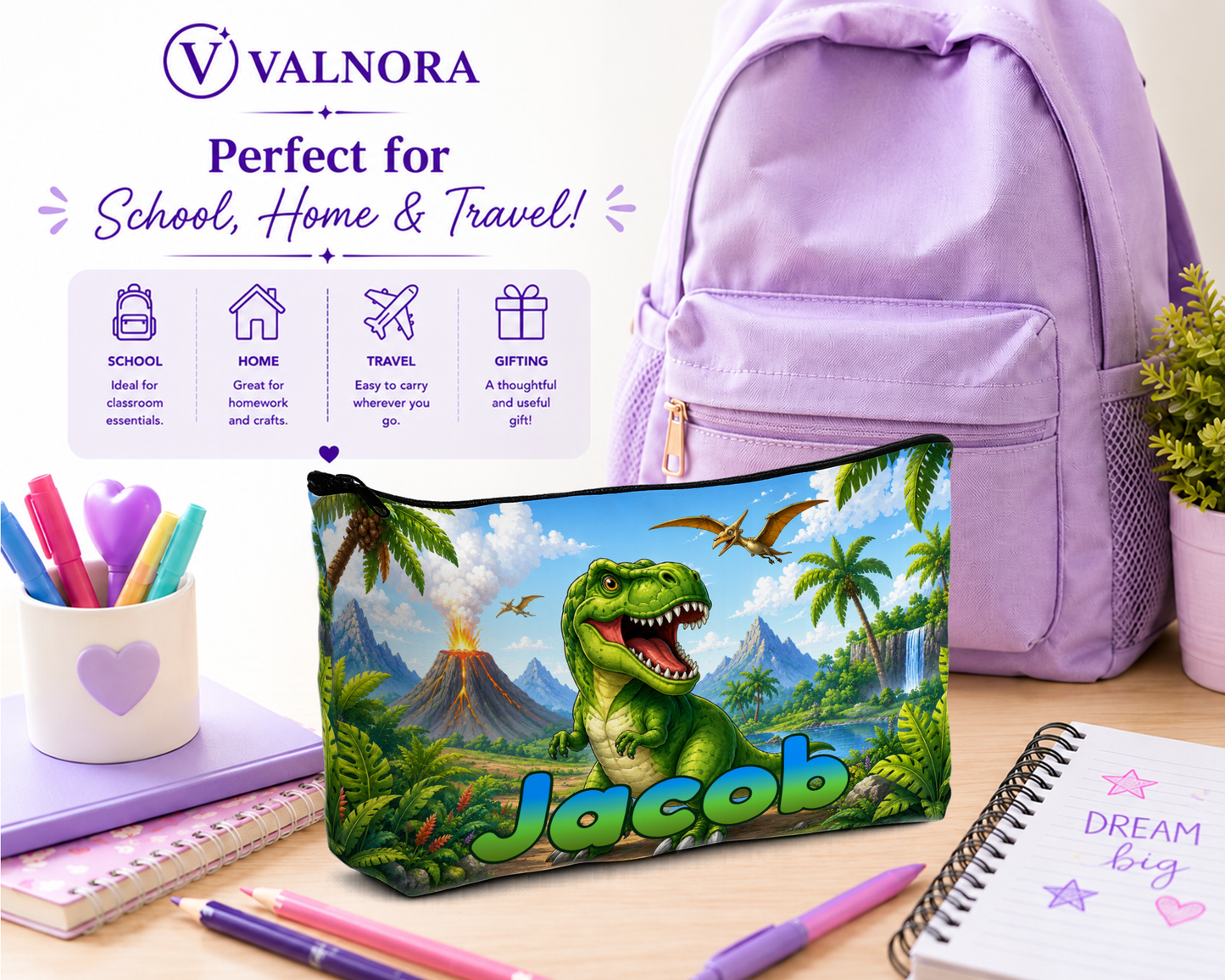 Personalized Dinosaur Pencil Pouch | Custom Pencil Case for Kids