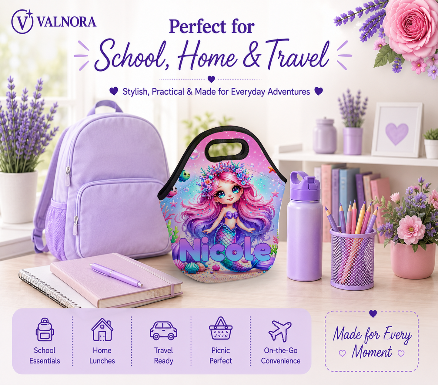 Personalized Mermaid Lunch Bag with Name | Custom Kids Neoprene Lunch Box