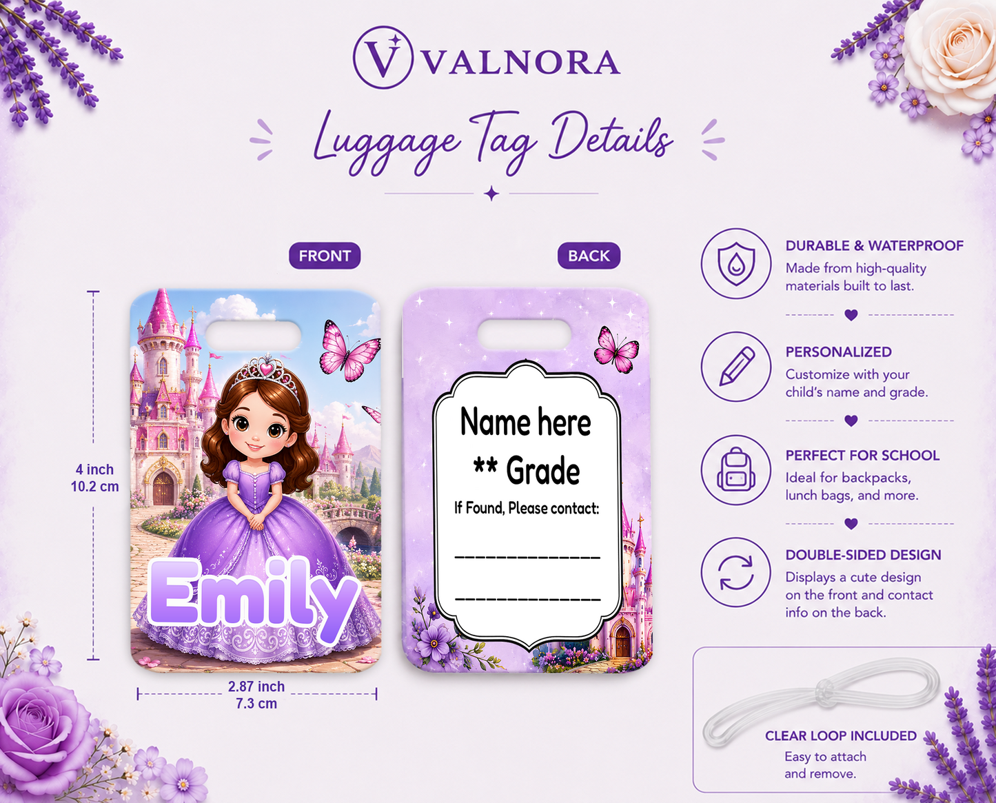 Personalized Princess Backpack Tag | Custom School Bag Name Tag