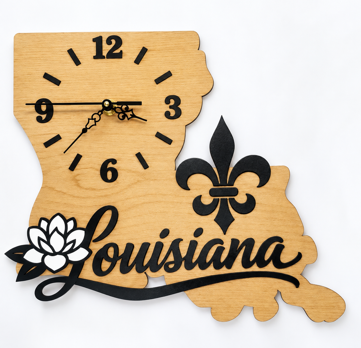 Louisiana Wall Clock – Wooden Louisiana State Shape Decor with a fleur-de-lis and magnolia Flower