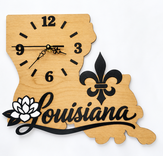 Louisiana Wall Clock – Wooden Louisiana State Shape Decor with a fleur-de-lis and magnolia Flower