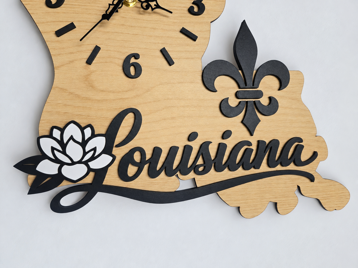 Louisiana Wall Clock – Wooden Louisiana State Shape Decor with a fleur-de-lis and magnolia Flower