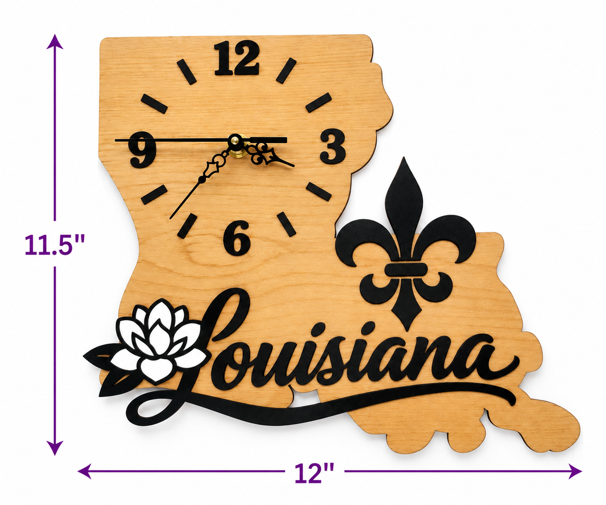Louisiana Wall Clock – Wooden Louisiana State Shape Decor with a fleur-de-lis and magnolia Flower