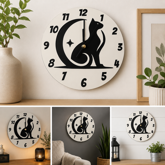 Cat & Moon Wooden Wall Clock